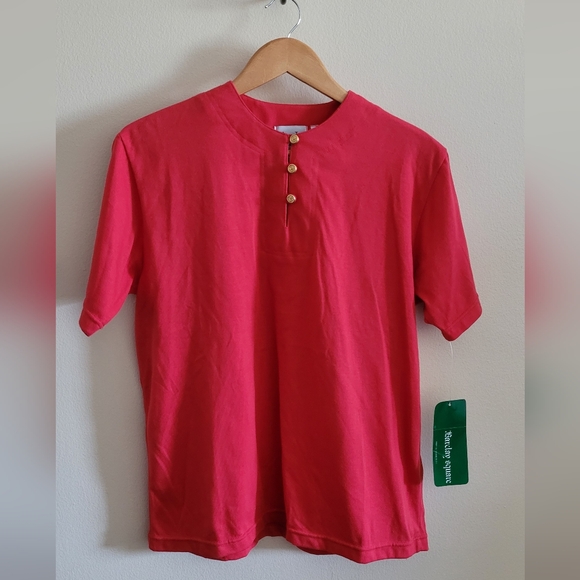 Barclay Square Tops - Vintage 3 Button Mock Neck Cotton Blend Top, Women's L, Tomato Red